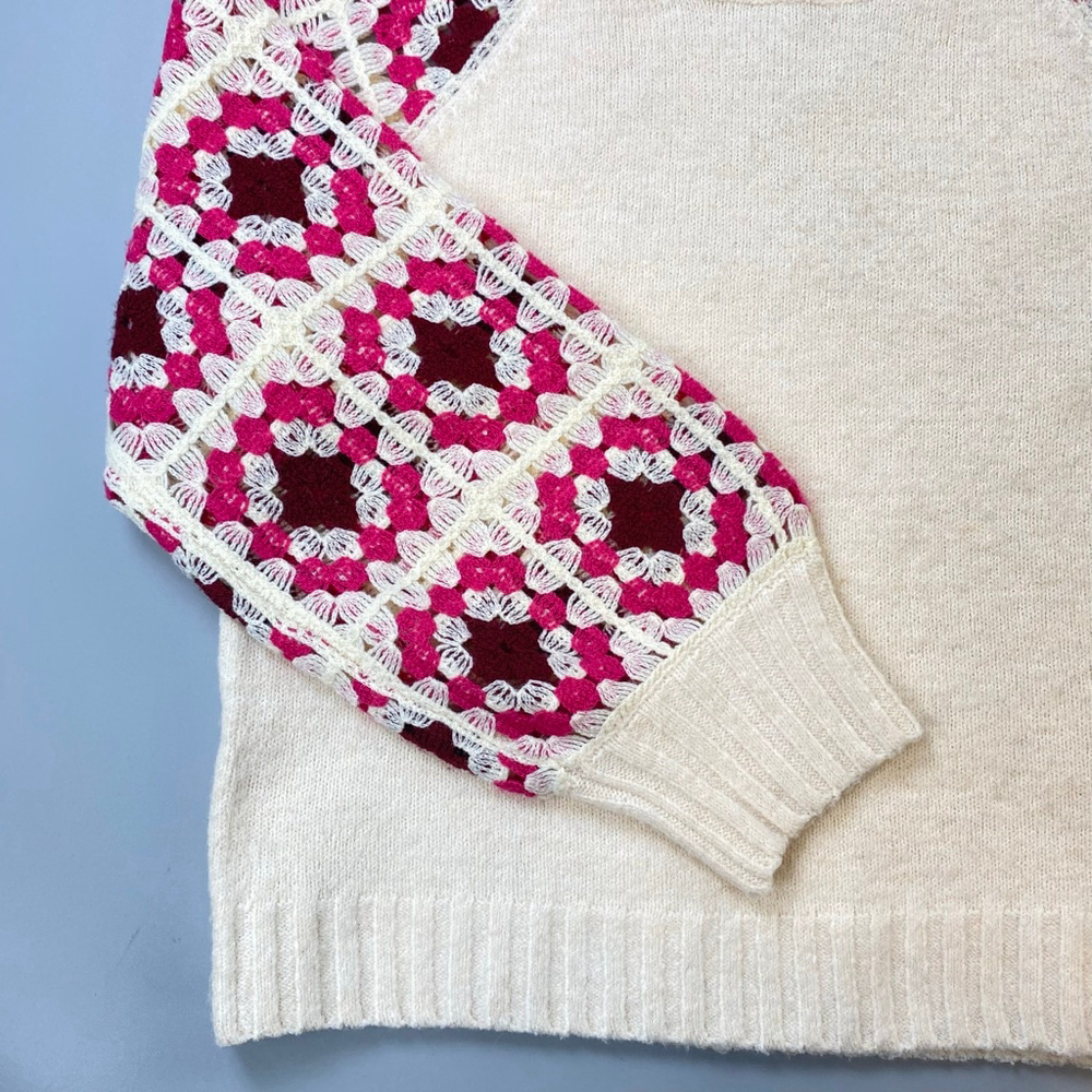 Crochet Sweater Womens Small Cream Pink Granny Square Grandmacore Boho Cottage - Picture 12 of 13